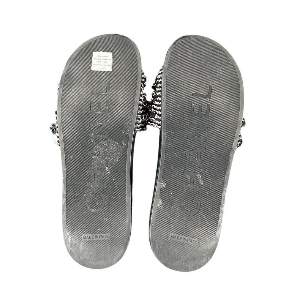 Chanel 2017 Interlocking CC Tweed Slides Chain Logo Sandals 41 - Picture 3 of 6
